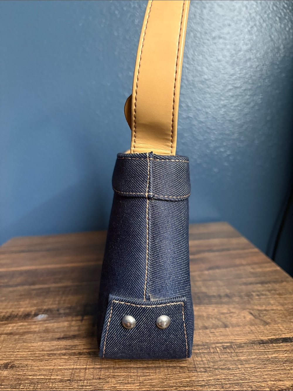 Navy Denim Shoulder Bag with Mustard Strap - Picture 2 of 3